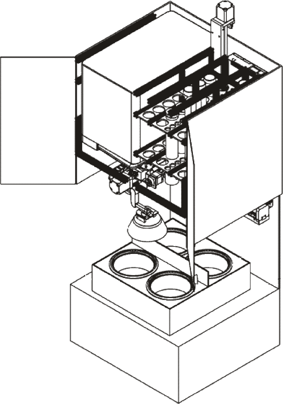 Patent drawing of the Chefee system: ingredient cabinet above, robotic gantry, cooking pots below